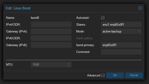 Screenshot of a Proxmox Linux Bond NIC