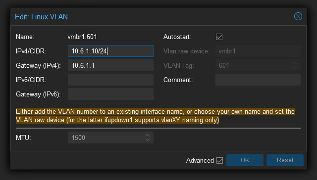 Screenshot of a Linux VLAN interface’s configuration in Proxmox