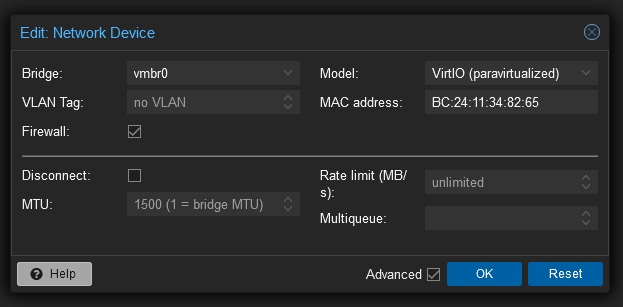 Screenshot of the NIC configuration on a Proxmox guest