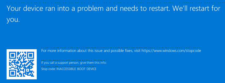 Screenshot of INACCESSIBLE_BOOT_DEVICE BSOD