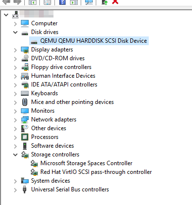 Screenshot of device manager showing the VirtIO SCSI controller