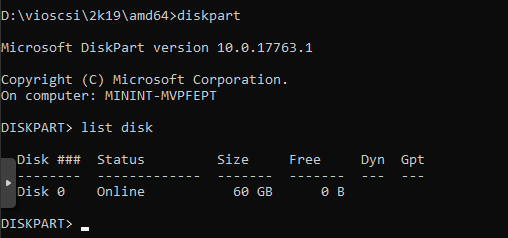 Screenshot of diskpart showing the results of a successful list disk operation