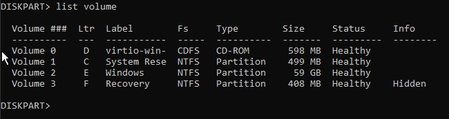 Screenshot of diskpart showing the results of a successful list volume operation