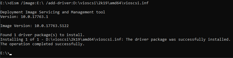 Screenshot of dism adding the vioscsi driver to Windows