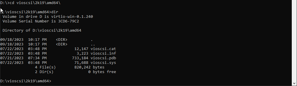Screenshot showing the folder containing the VirtIO SCSI driver
