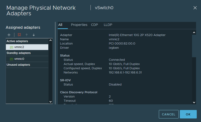 Screenshot of the Manage Physical Network Adapters modal in vSphere Client